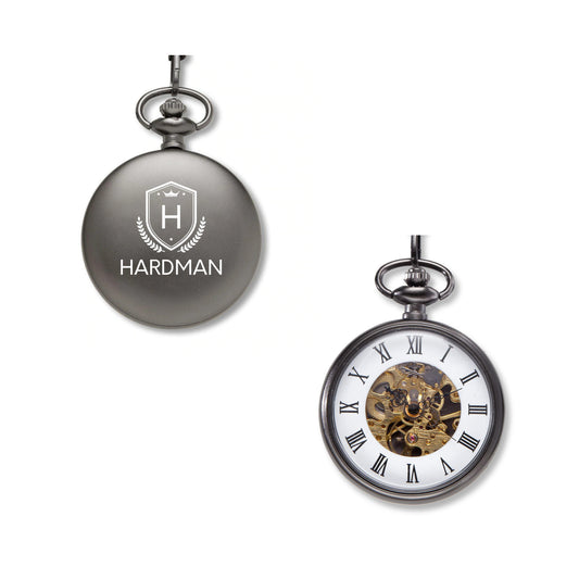 Personalized Open Face Pocket Watch - Crest Initial and Name